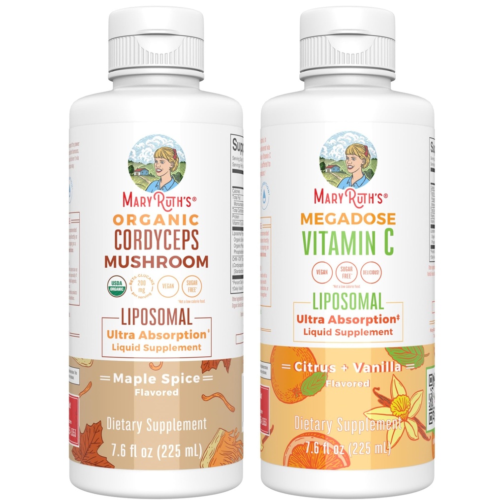MaryRuth Organics Cordyceps Liposomal (Maple Spice) & C-vitamin (Citrus & Vanilla) - 124; Clean Label Project Verified ® - 124; Vitaminer for Immunitet, Hud, & Samlet Sundhed; Vegan, Non- GMO, Gluten- Free