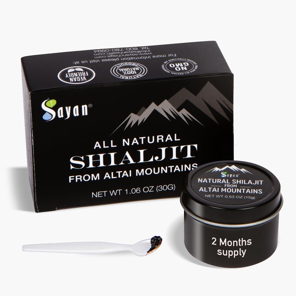 Sayan Pure Autentiske Altai Shilajit Resin - 15 Bedste, 2 Måneders Tilgang - Høj Effekt Økologisk Fulvic Acid Supplement for kvinder og mænd til støtte immunsystem, energi, & Detox - Vegan, Non- GMO