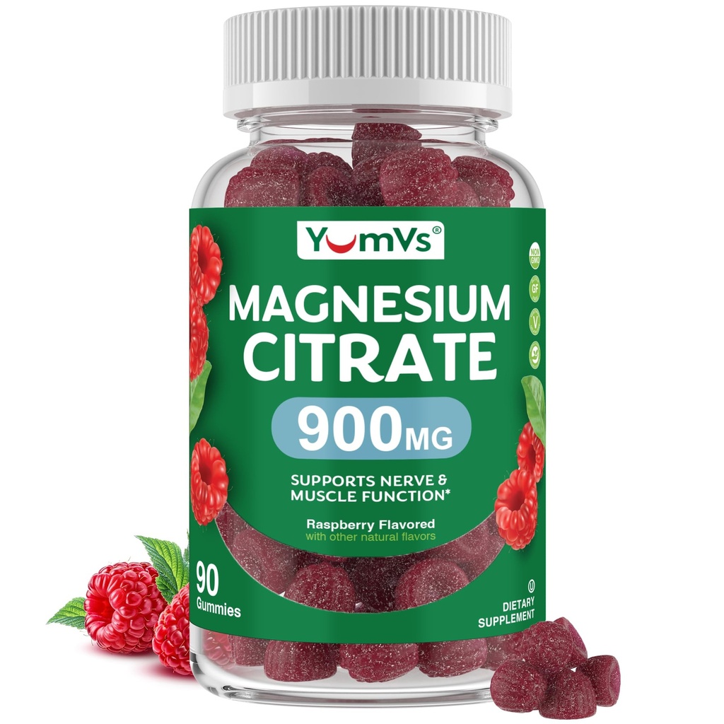 YUM- V 'S Magnesium Citrate Gummies - 900mg Meget Absorberbare Magnesium Gummies for kvinder & mænd til at støtte nerve, Muscle & Enzyme funktion - Gluten- Free, Kosher & Raspberry Flavor (90 Greve)
