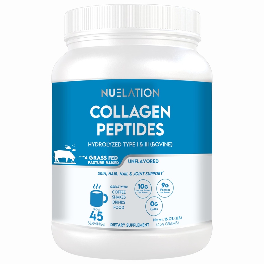 Unflavored Grass- Fed Collagen Peptider Protein Powder 1LB, 45 Servere. Type 1 & 3 Hydrolyzed Bovine Collagen til kvinder og mænd. 10g kollagen pulver & 9g protein Per servering for hud, hår, neglestøtte