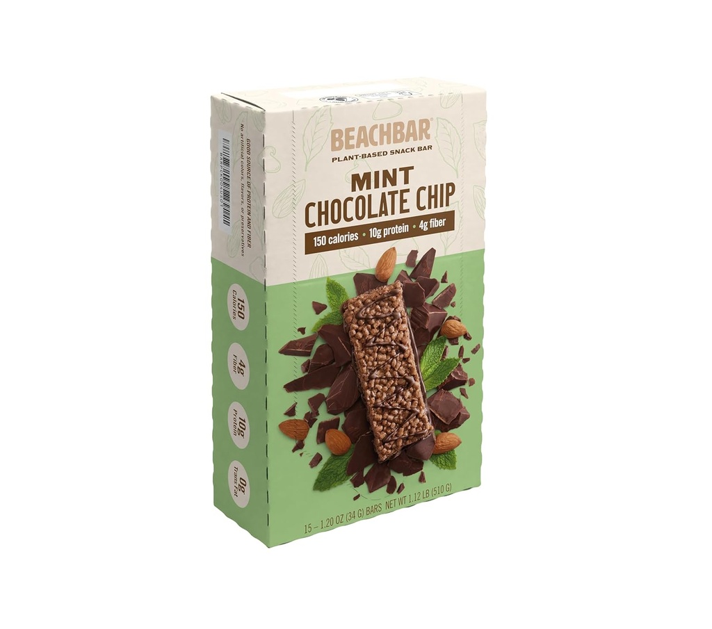 BODi BEACHBAR Plant- based Mint Chocolate Chip - Protein Rich Vegan Snack Bar, Gluten- Free, Low Glycemic Index, 10g Protein, 150 kalorier, 15 Barer per box