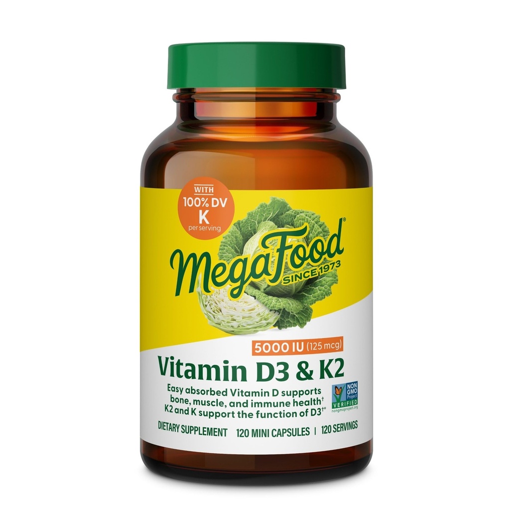 MegaFood D3 5000 IE (125 mcg) - Vegetarisk Kosttilskud med vitamin D3 K2 - Understøtter knogler, tænder, muskler og immunforsvar - Certificeret ikke- GMO - 120 Mini kapsler, 120 Servere