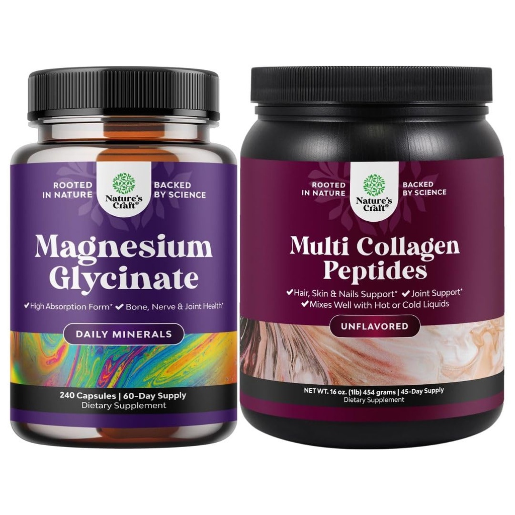 Bundle af høj absorption Magnesium Glycinat kapsler til opkaldssøvn Plus muskel ben & nerve støtte og Multi kollagen protein pulver til kvinder og mænd - hårhud og negle vitaminer
