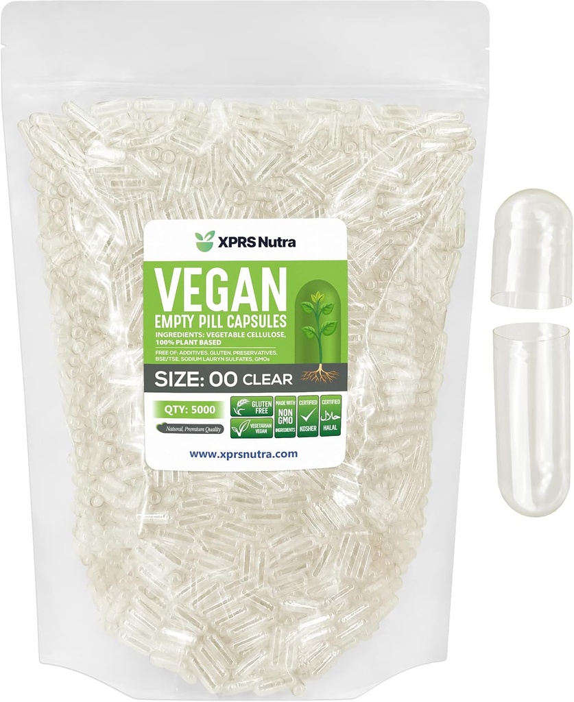 XPRS Nutra Størrelse 00 Tomme kapsler - 5000 Greve Forenede klare Tomme Veganske kapsler - Vegetariske Tomme piller - Du Vegetabilske Kapsler Filling- Veggie Pill Caps