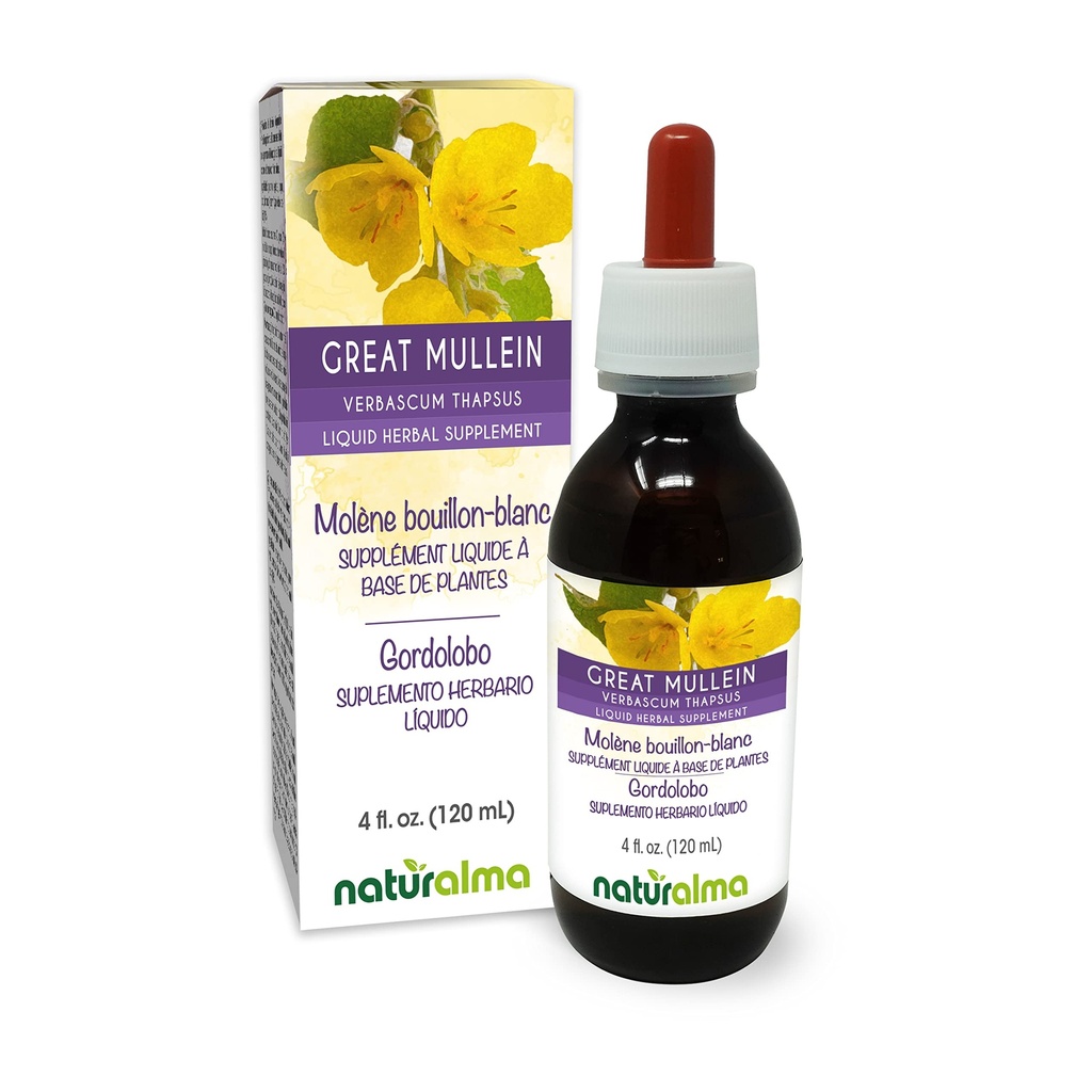 Naturalma Great Mullein eller Common Mullein (Verbascum thapsus) Flower and Leaf Alkohol- Free Tincture - 4 fl oz Liquid Extract in Drops - Herbal Supplement - Vegan