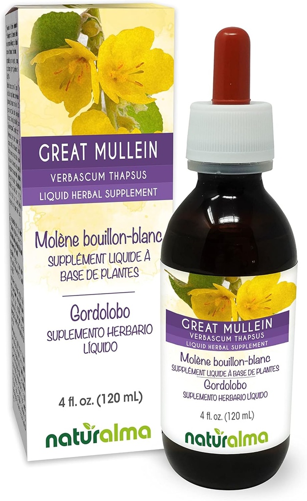Naturalma Great Mullein eller Common Mullein (Verbascum thapsus) Flower and Leaf Alkohol- Free Tincture - 4 fl oz Liquid Extract in Drops - Herbal Supplement - Vegan