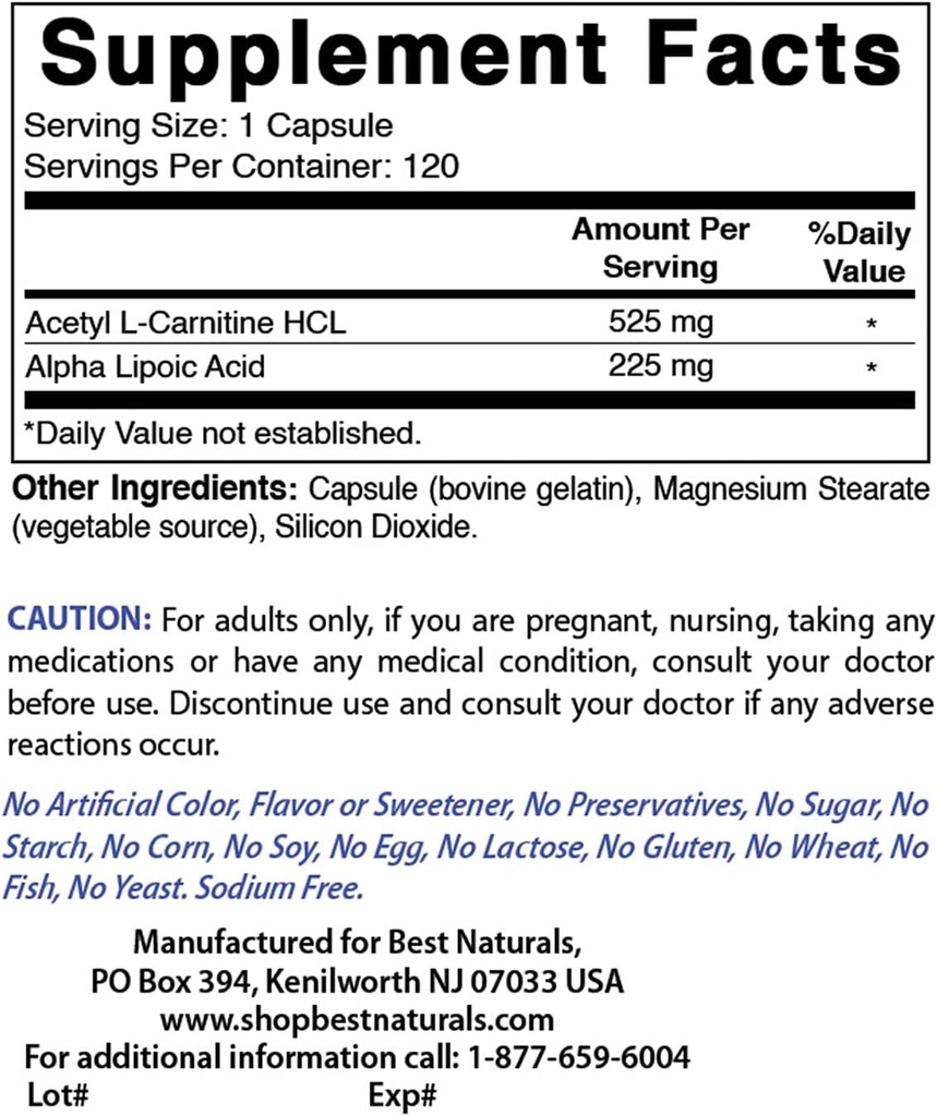Bedste Naturals Acetyl L- Carnitin og Alpha Lipoic Acid 750 mg & B- 100 Complex