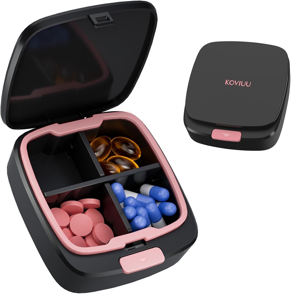 Daglig Pill Box 4 gange om dagen, Lille Pill Case, Travel Pill Organizer, 4 Compact Portable Pill Container Holder for Vitamin, Medicin, Supplement, Fish Oil, Pink