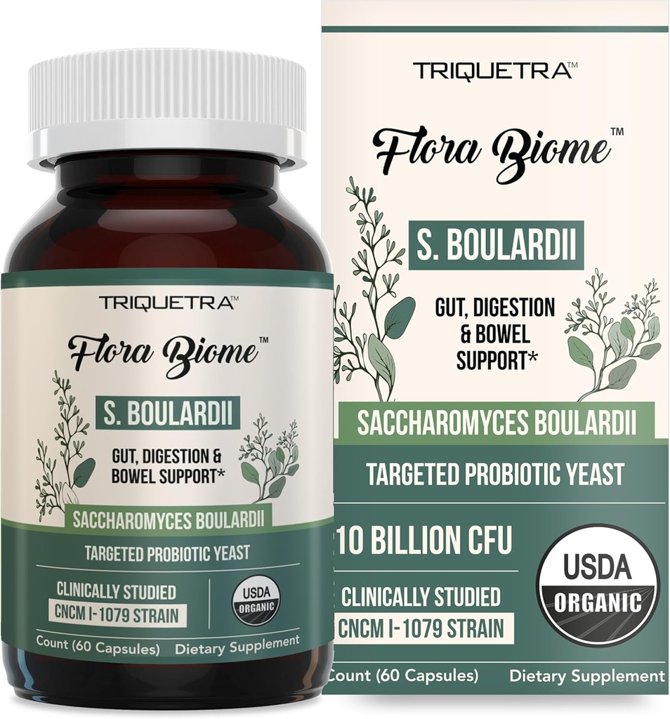 Organic Saccharomyces Boulardii - 10 Billion CFU - Clinically Validated CNCM I-1079 Probiotic Strain - Gut, Digestion & Healthy Bowel Support - First Organic Form of S. Boulardii Probiotic - 60 Count