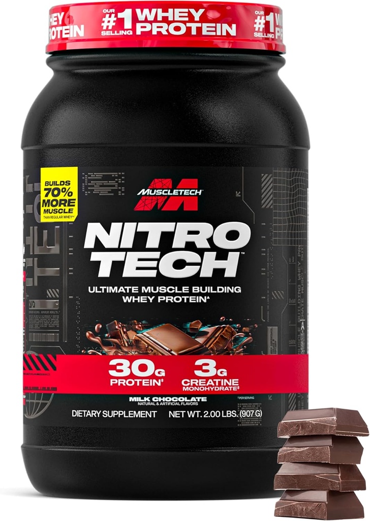 Muscletech Whey Protein Powder (Milk Chocolate, 2 Pound) - Nitro- Tech Ultimate Muscle Building Formel med Whey Protein Isolate - 30g Protein, 3g Creatin & 6,8 g BCAA - Packaging May Vary