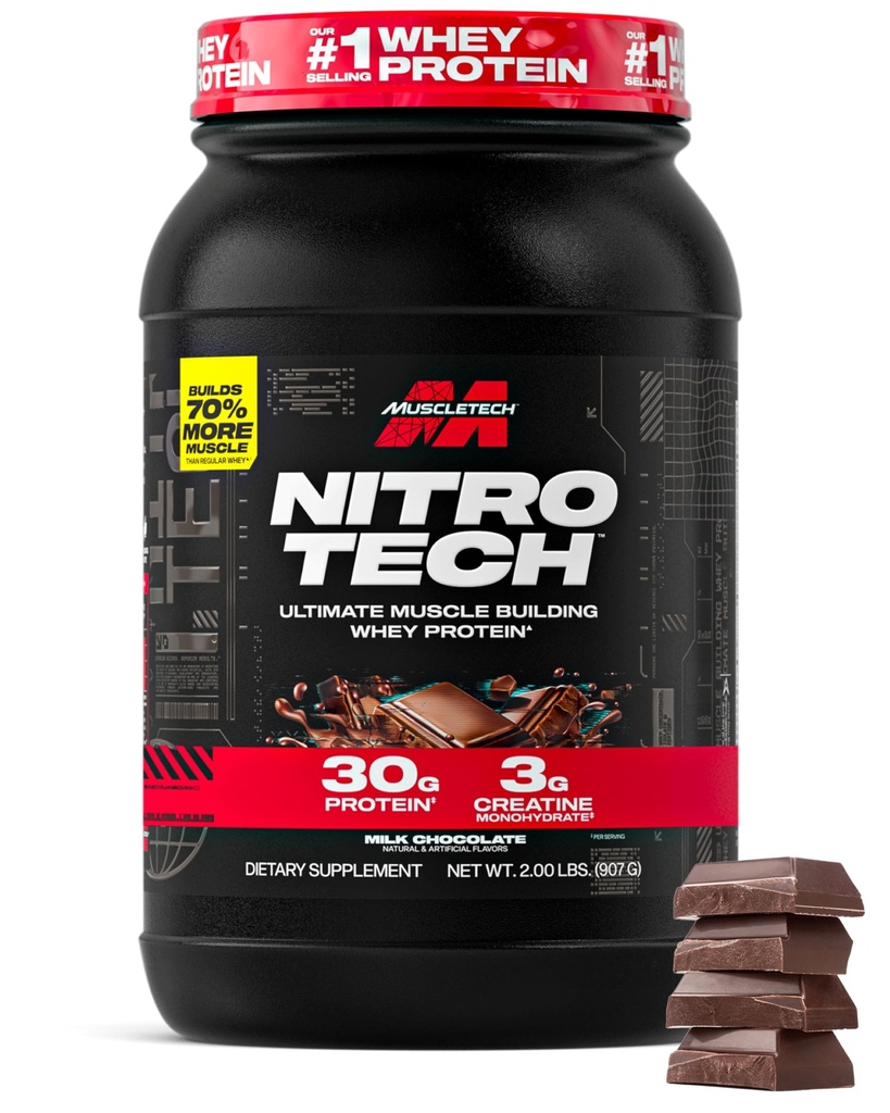 Muscletech Whey Protein Powder (Milk Chocolate, 2 Pound) - Nitro- Tech Ultimate Muscle Building Formel med Whey Protein Isolate - 30g Protein, 3g Creatin & 6,8 g BCAA - Packaging May Vary