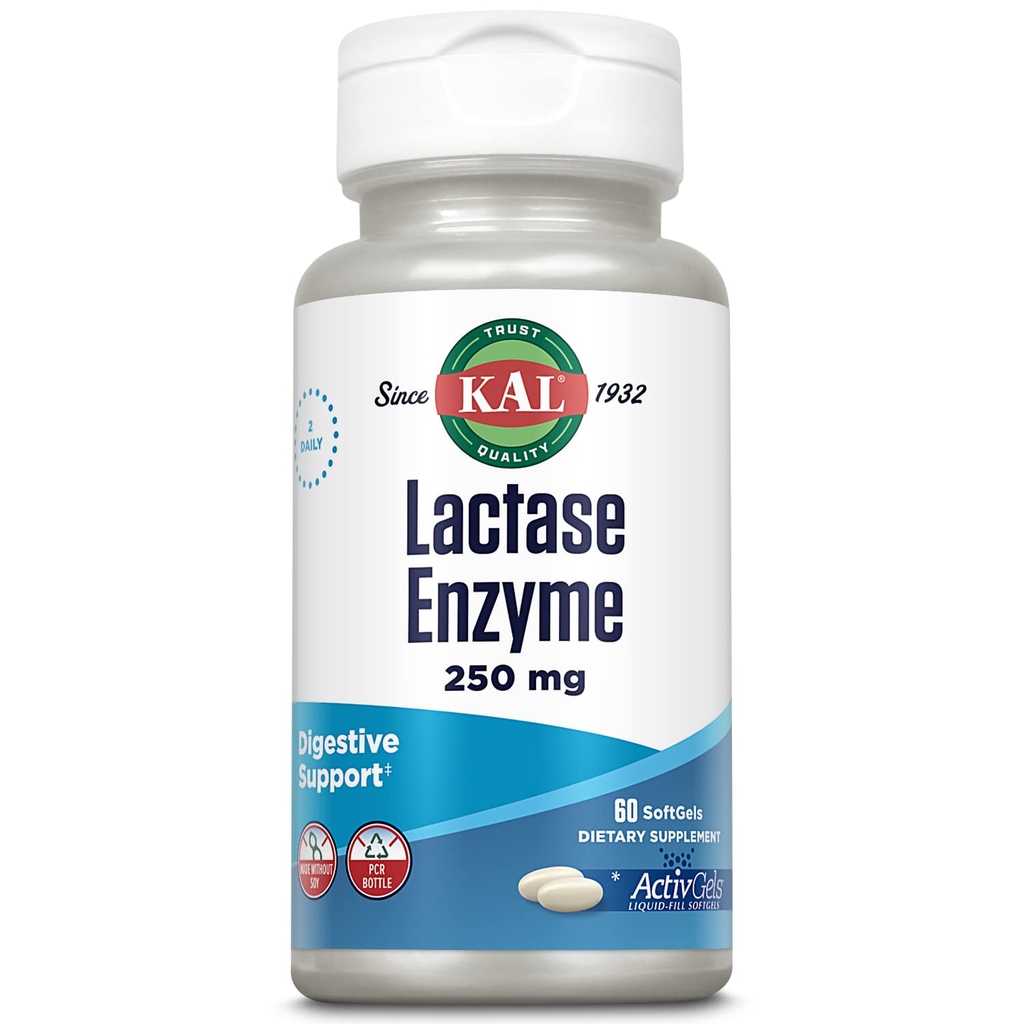 KAL Lactase Enzyme 250 mg, sund fordøjelsesstøtte til laktoseintolerance, flydende fyldt ActivGels uden soja, 250 FCC Enheder, 30 Servere, 60 SoftGels