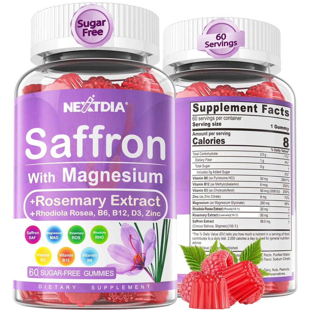 Nextdia Saffron with Magnesium Glycinate Gummies, 2 Months Supply -Sugar Free Magnesium 400/200mg w/Saffron,Rhodiola,Rosemary, B6,B12,D3 for S-leep, Calm,Focus, Relax, Nerve, Melatonin Free Gummies
