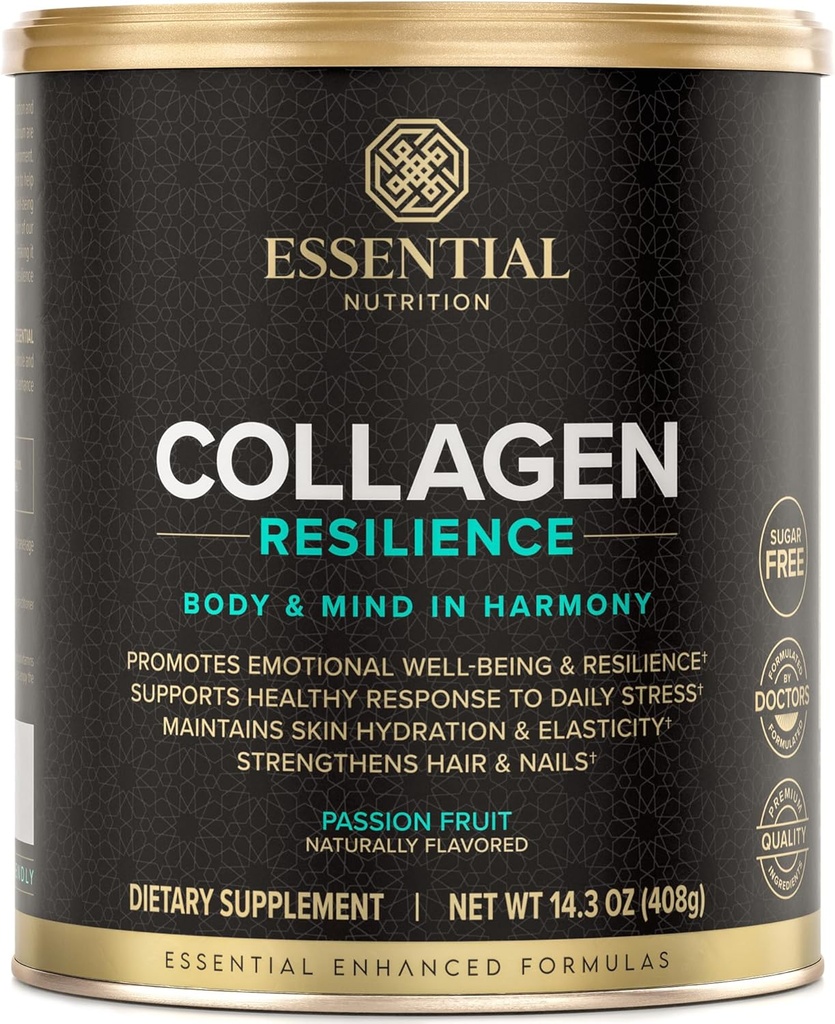 Essential Nutrition Collagen Resiliens - Hydrolyzed Collagen Peptider Pulver med Hyaluronsyre, Silicon, Amino- Acid & Passion Flower Extract - Passionsfrugt - 14.3 oz (30 Servere)