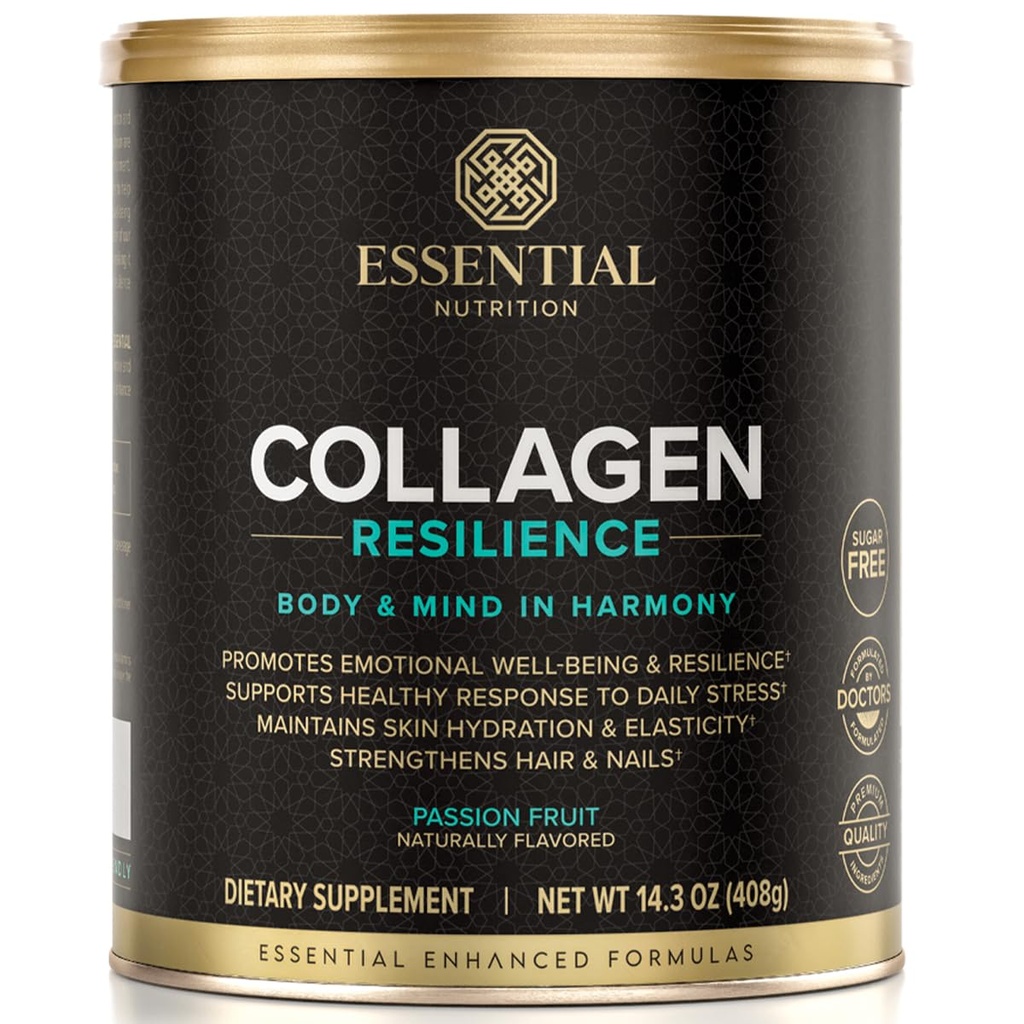 Essential Nutrition Collagen Resiliens - Hydrolyzed Collagen Peptider Pulver med Hyaluronsyre, Silicon, Amino- Acid & Passion Flower Extract - Passionsfrugt - 14.3 oz (30 Servere)