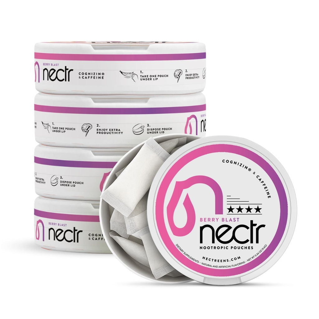 Nectr Energy Nootrop Pouches - Berry Blast Flast, Koffein Pouches med Cognizin ® Citicolin. Sugar- Free Brain Treats. Glat, Vedvarende Focus & Energy Supplement - 5 pucks på 16pcs