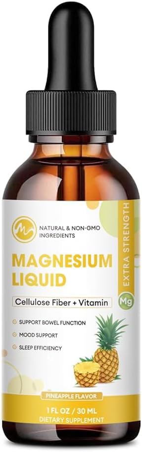 M tommer Magnesium Glycinat Flydende, Høj Absorption Magnesium Flydende Drops med Cellulose Fiber, Bromelain, B6-vitamin, C, D, zink, Magnesium supplement til børn og voksne, Ananaskarm, 1 pakke