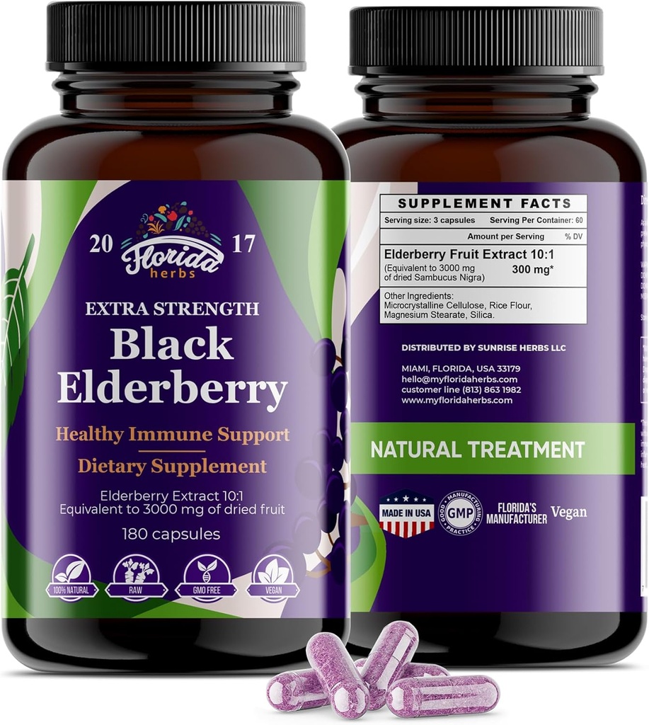 Black Elderberry Kapsler 124; 180 Greve Budding 124; Sambucus Elderberry Vitamin, Non- GMO, Gluten Free, Organic Elderberry Extract Sambucus Nigra