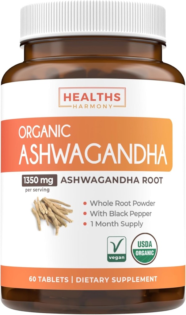 USDA Organic Ashwagandha Supplement - Høj potens Ashwagandha piller lavet med organisk sort peber til forbedret absorption - Vegan non-GMO Lavet i USA & Lab Verified (1 Måneders Tilgang)