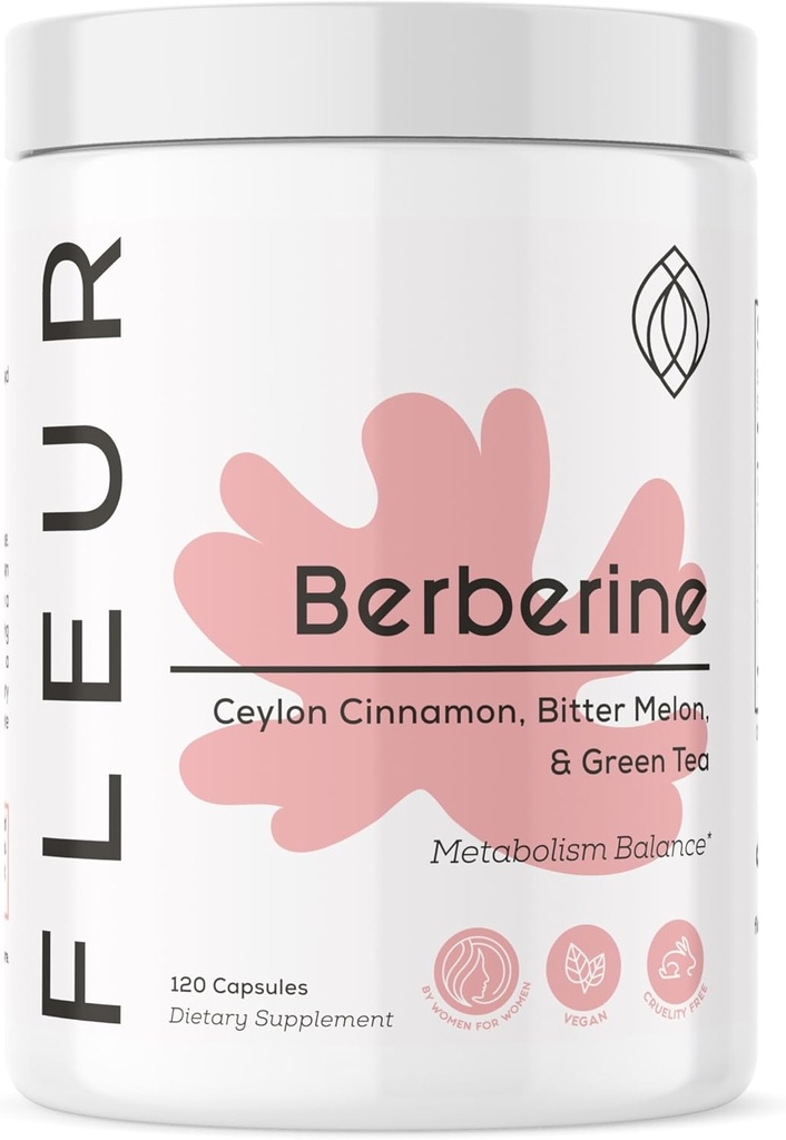 FLEUR Berberine HCL med økologisk kanel, Bitter Melon & Green Tea Extract, Understøtter hjerte, fordøjelsessystem og immunsystem, Vitality Support til mænd og kvinder, Non- GMO & Vegan, 120 Kapsler