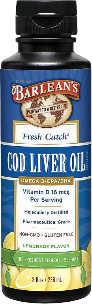 Barlean 's Cod Lever Oil Liquid Supplement, Omega 3 Fiskeolie med 900mg EPA og DHA Plus D-vitamin, Kosttilskud til fælles, hjerne, og hjerte sundhed støtte, Lemonade Flavor, 8 oz