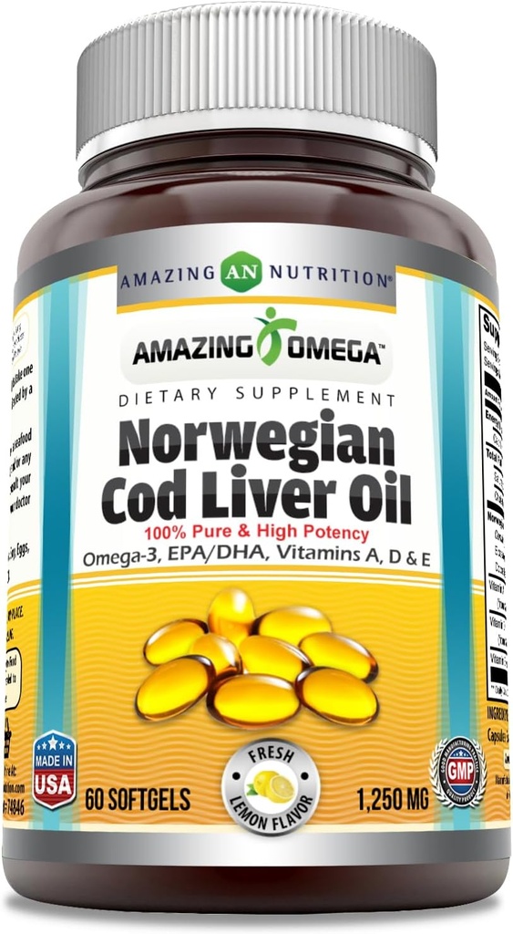 Amazing Omega Norwegian Cod Lever Oil 1250 Mg Softgels Supplement Note 124; Omega-3, EPA, DHA, vitamin A, vitamin D & E (Lemon Note 124; 60 Greve)