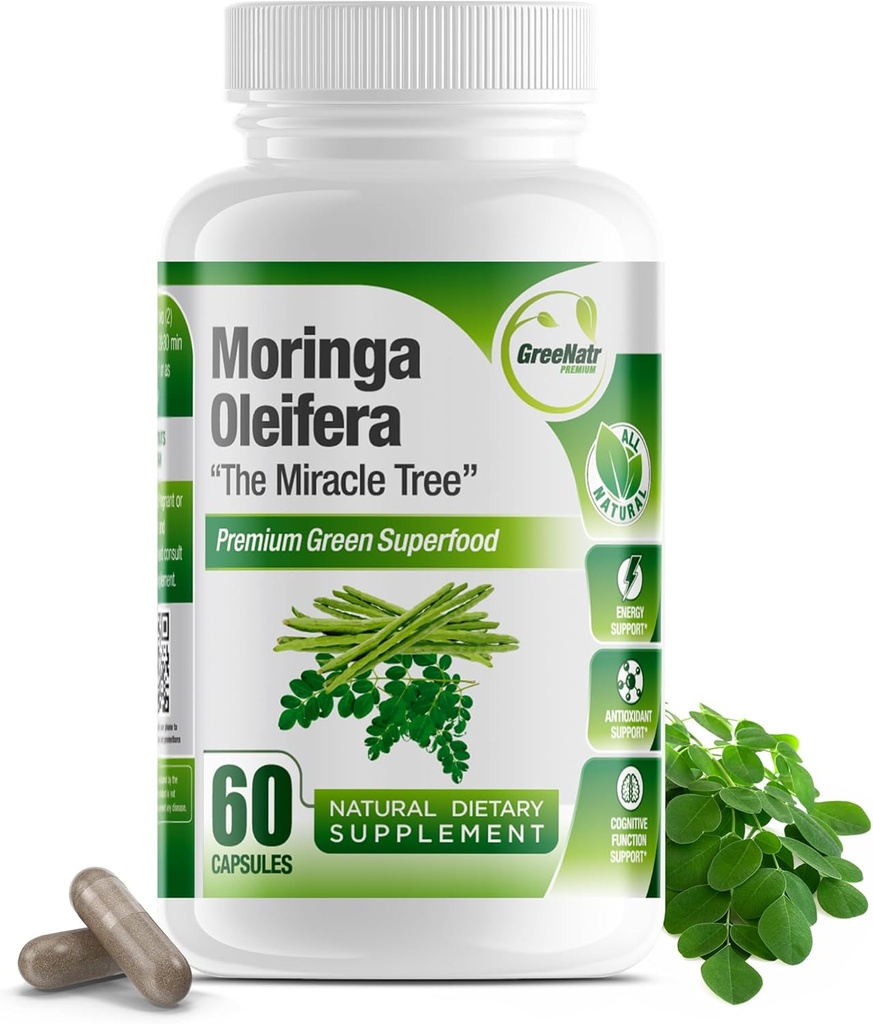 Pure Moringa Oleifera Green Superfood kapsler med C-vitamin, Omega 3 & Aminosyrer - øger energi, mad, hukommelse, immunforsvar - fremstillet af organisk Moringa, non-GMO - 60 kapsler (1 flaske)