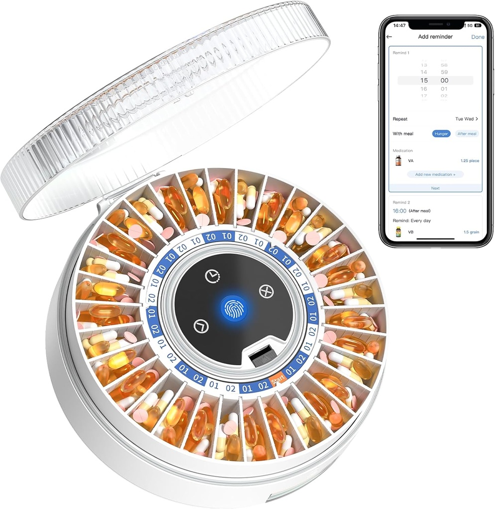 Zoksi Premium 31- Slot Automatic Pill Dispenser med Fingerprint & Key Lock, Smart Medication Organizer med Alarm & Light, Elektronisk Pill Organizer til ældre & Forgetfulness