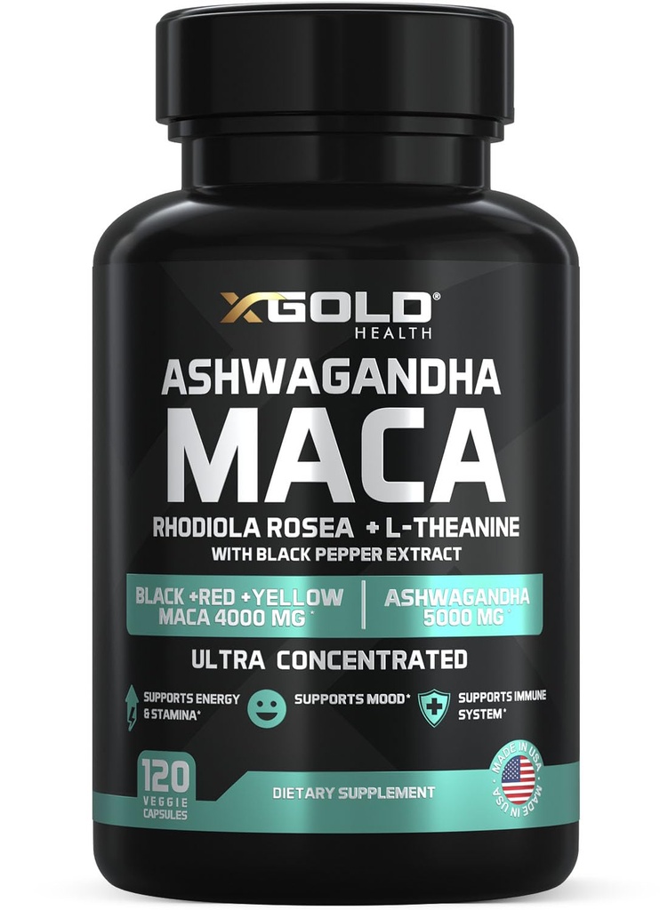 Ashwagandha 5,000mg + Maca Root Black, Red, Yellow 4,000mg, Rhodiola & L- Theanine: 30: 1 Extract Ashwagandha Kapsler, 20: 1 Extract Maca Root Kapsler - Supplement til mænd og kvinder