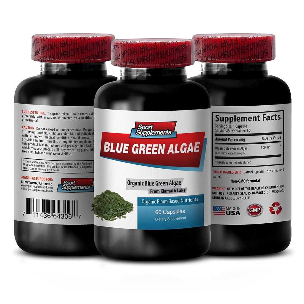 Pure Herbal Supplement - Klamath Blue Green Algae 500mg - Øge energiniveauer, Forbedre fordøjelse og forbedre immunsystemet, spirulina, chlorella, Klamath Blue Green Algae Powder - 1B 60 Kapsler