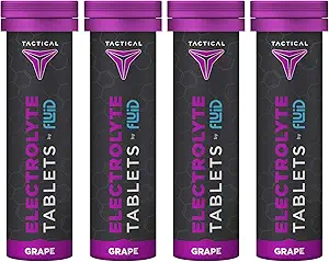 Fluid Tactical- Effervescent Hydration Tablets, Electrolyte Erstatning & Dehydrering Prevention, 4 Pack, 40 Tablets (Grape)