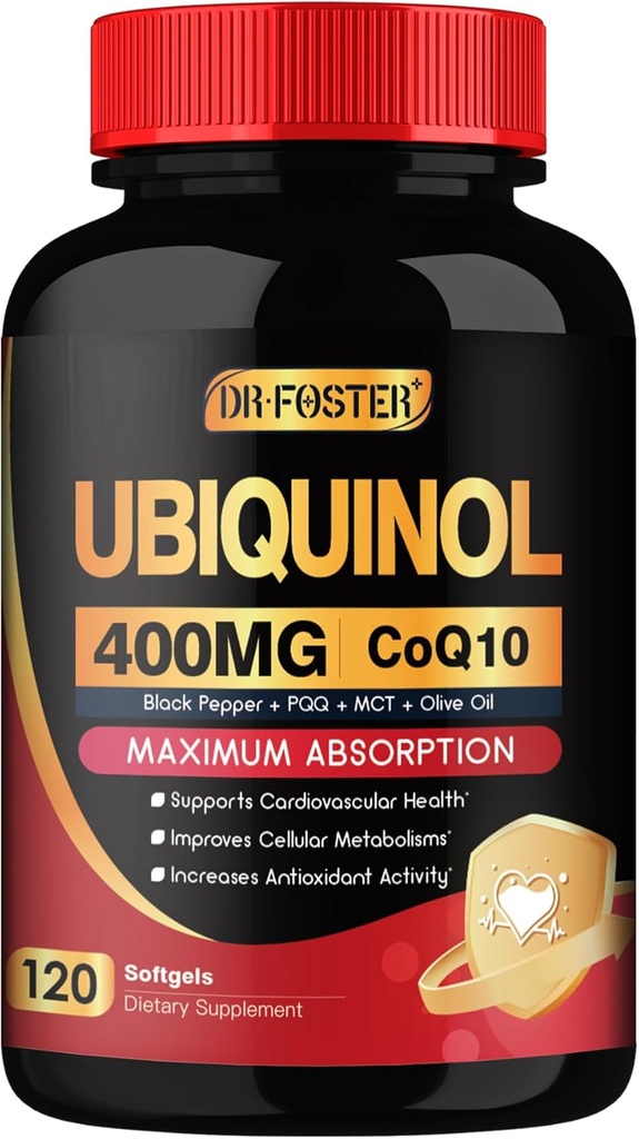 DRFOSTER Coq10 400mg Softgels Ubiquinol - Co Q 10 Supplement Coenzym q10 Cq10 400mg Plus E-vitamin, PQQ, Black Pepper for Heart Health, 120 Counts