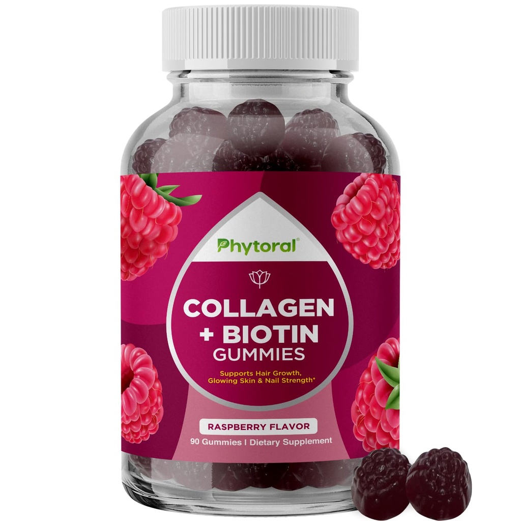 Hydrolyseret collagen peptider til kvinder med biotin - hår, hud og negle Vitaminer for Elasticitet, Vitality & Hydration Gummies - naturligt souced biotin og collagen for kvinder - 90 Greve