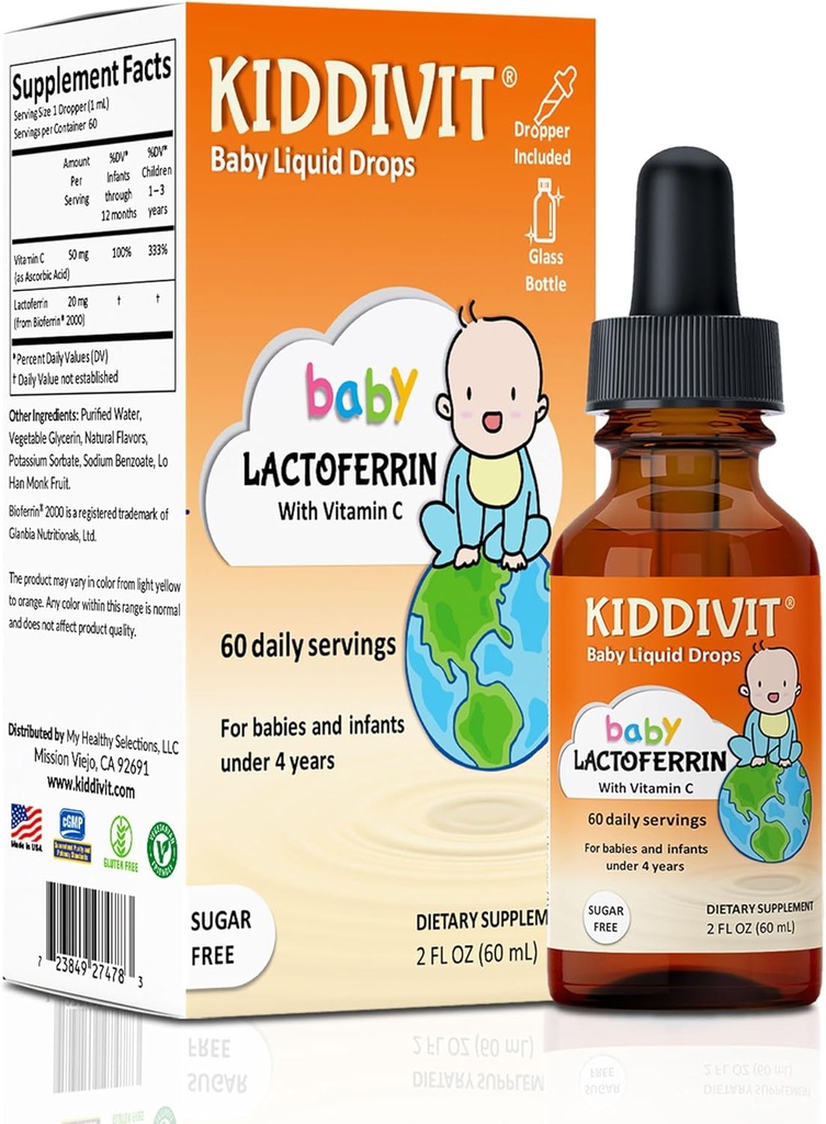 Kiddivit Baby Lactoferrin Liquid Drops - Gentle immunsupport Supplement - 100mg Formel med Prebiotic Inulin - 60 daglige servicer - Sukker fri, Gluten fri, Vegetarisk, 2oz