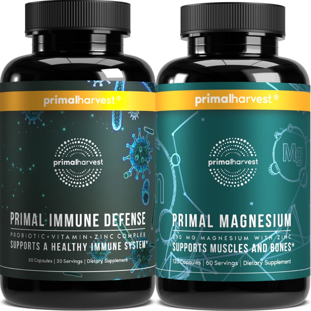 Magnesiumtillæg og immunforsvar Kosttilskud til kvinder og mænd efter Primal Høst - fælles støttekapsler og probiotika + Zink + Vitamin Complex Pills Bundle