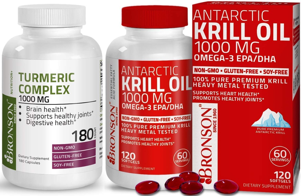 Bronson Gurkemeje med BioPerine High Potency Premium Joint Support + Bronson Antarctic Krill Oil 1000 mg med Omega- 3s EPA, DHA