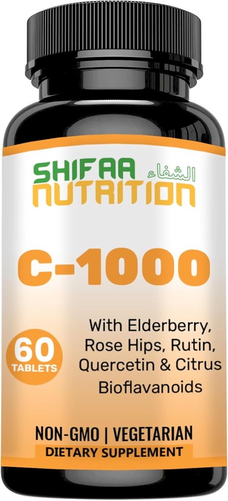 SHIFAA NUTRITION Halal Vitamin C- 1000 mg tabletter, 60 dages forsyning. Immunsupporttillæg med C-vitamin, hyldebær, Quercetin, Rose HIPS & Rutin. Vegetarisk, Non- GMO, Sukker Free & Keto Friendly