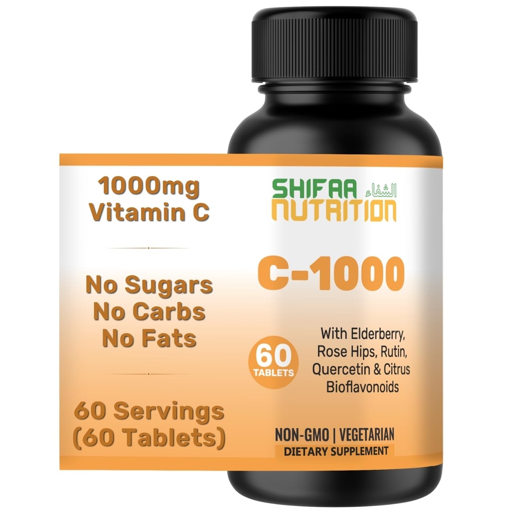 SHIFAA NUTRITION Halal Vitamin C- 1000 mg tabletter, 60 dages forsyning. Immunsupporttillæg med C-vitamin, hyldebær, Quercetin, Rose HIPS & Rutin. Vegetarisk, Non- GMO, Sukker Free & Keto Friendly