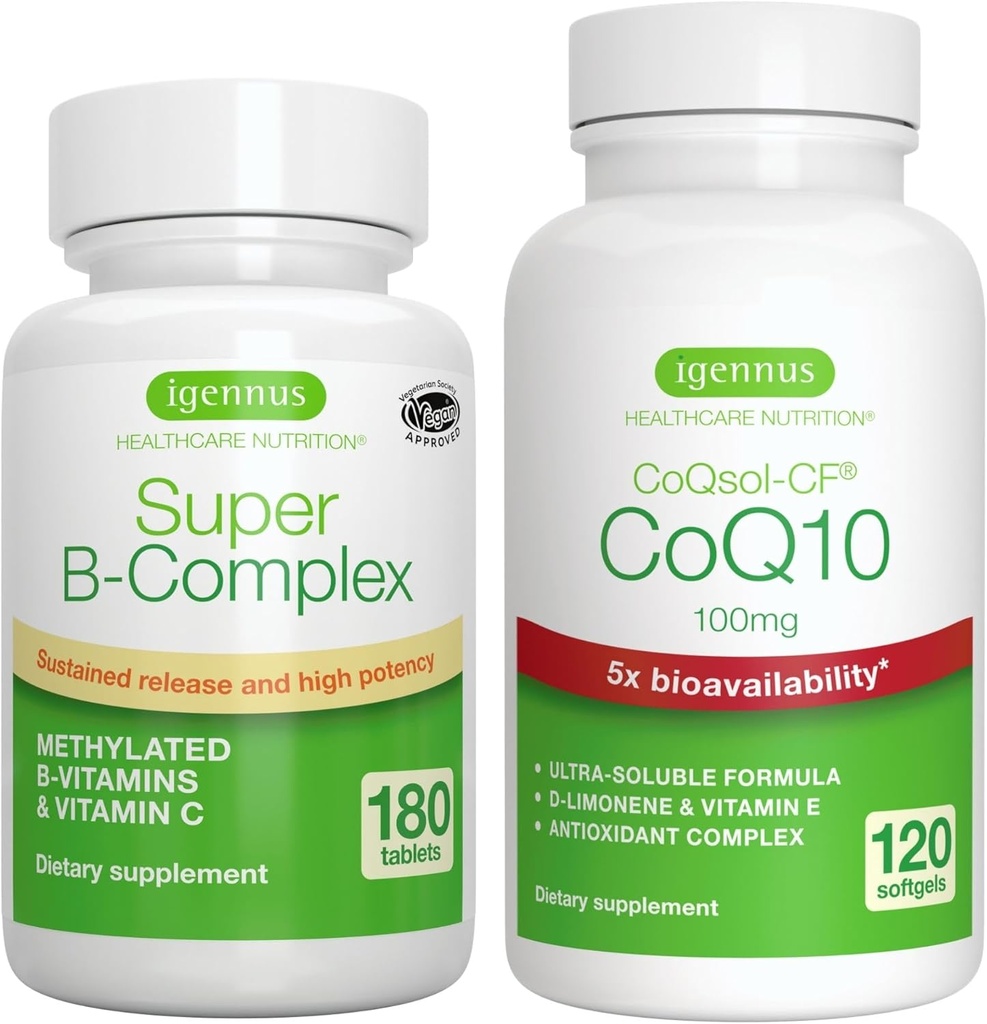 Super B- Complex 180 tabletter + høj Absorption CoQ10 100mg 120 Softgel Energy Bundle, Metyleret Sustained Release B Complex + CoQ10 med vitamin E & D-Limonene, af Igennus