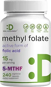 DEAL SUPPLEMENT L Methylfolat 15 mg per servering, 240 Veggie kapsler - Aktiv folinsyre Form (5-MTHF), Biotilgængelig Methylerede Folat - Prenatal, Energi, & Brain Support Supplement - Non-GMO