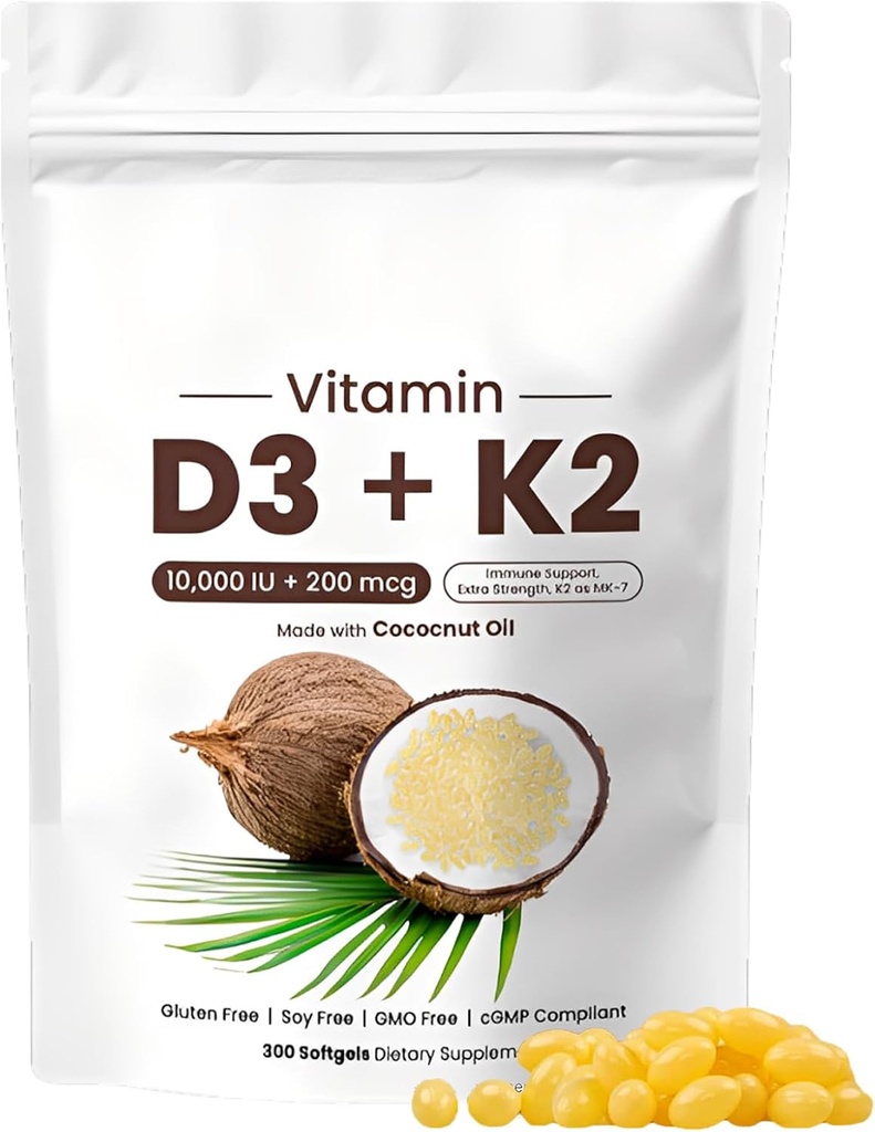 Naturespeak D3 K2 10000 IE, 21- 1 Coconut Oil Softgels med 10000 IE VIT D3 + 200 MCG vitamin K2 til ben, immunforsvar & hjertefunktion