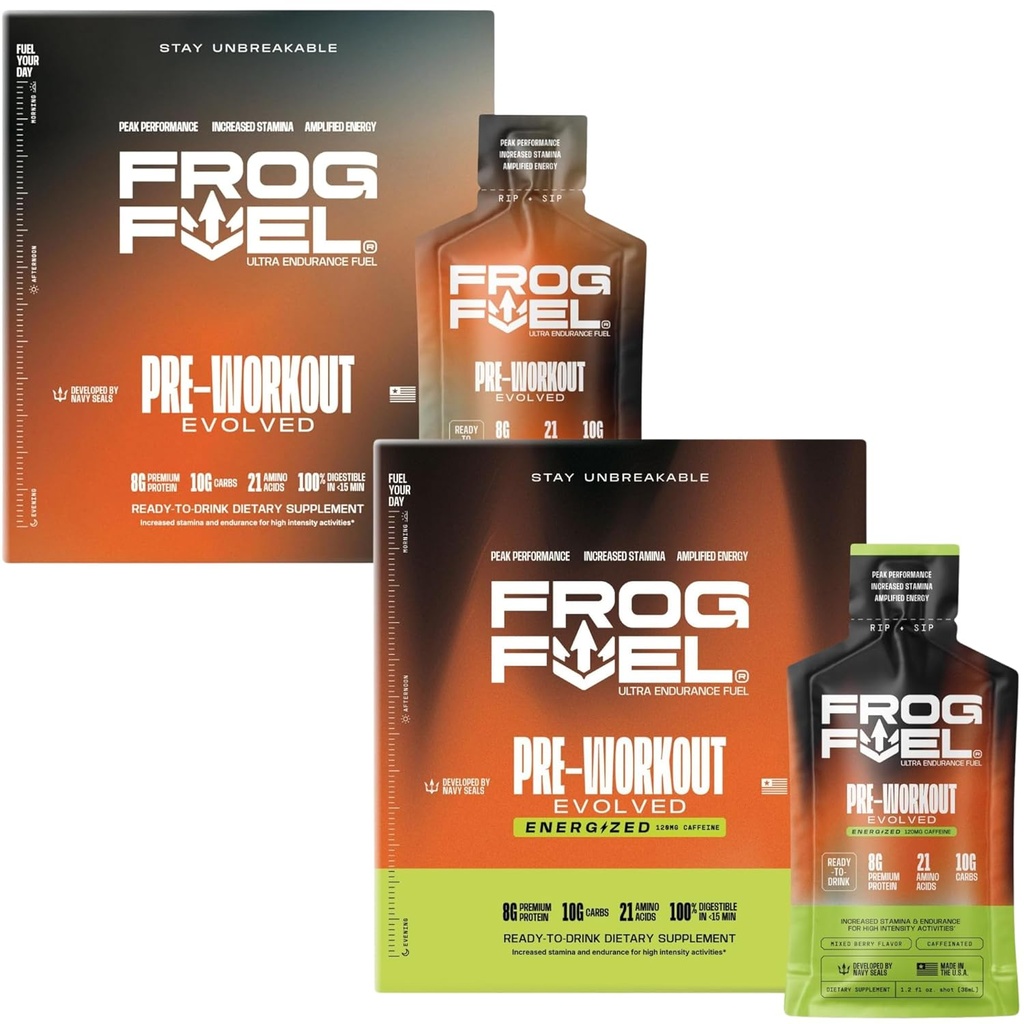 Frog Fuel Ultra & Ultra Energized Pre Workout Shot Bundle med 1500mg Beta alanine, Elektrolytes 8g Protein Nano- Hydrolyzed Grass Fed Collagen, 10g Carbs, Berry, 1.2 oz Packets, 48 Pack