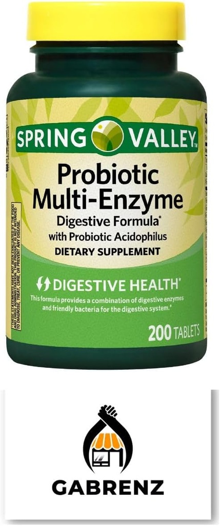 Spring Valley Probiotiske Multi- Enzyme fordøjelsesformler tabletter, 200 ct - En omfattende blend af probiotika og fordøjelsesenzymer til at understøtte fordøjelsessundhed. (pakke med 1) Inkluderer en Gbz Ref Magnet