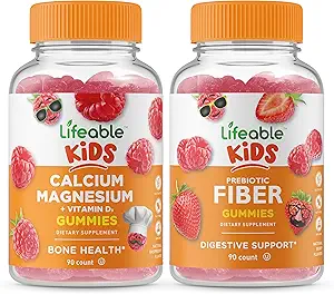 Lifeable Calcium Magnesium Kids + Prebiotic Fiber Kids, Gummies Bundle - Great Tasting, Vitamin Supplement, Gluten Free, GMO fri, Chewable Gummy