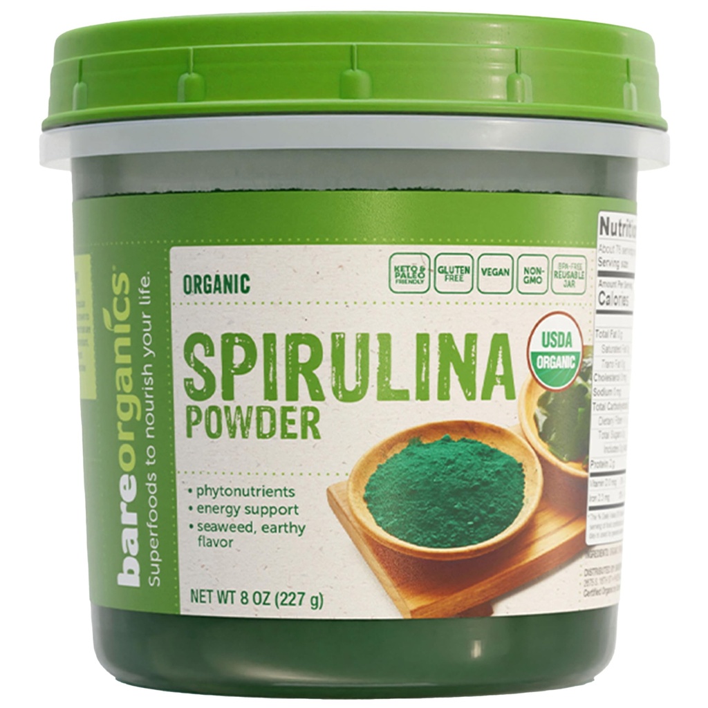 BareOrganics SPIRULINA Powder (Raw - Organic), 8 ounce (pakning med 1)
