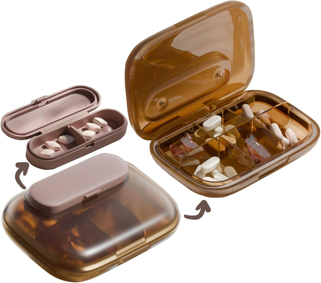 MURRI & MURRDI Travel Pill Organizer, 6 Compartments Small Pill Container, Daily Pill Box til at holde vitaminer, transportable Pill sag for Pocket Purse Medicine Organizer Aftagelig Coffee