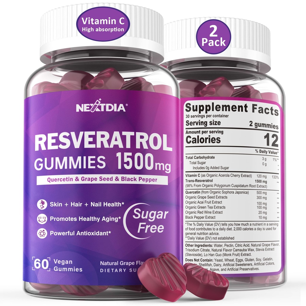 Resveratrol Supplement 1500mg - Resveratrol Gummies Understøtter NAD, NMN & NMNH Synergy, med Quercetin, Grape Seed, Acai Berries Ekstrakter til antioxidant, sund aldring og levetid, hud, hjerne - 2Pcs