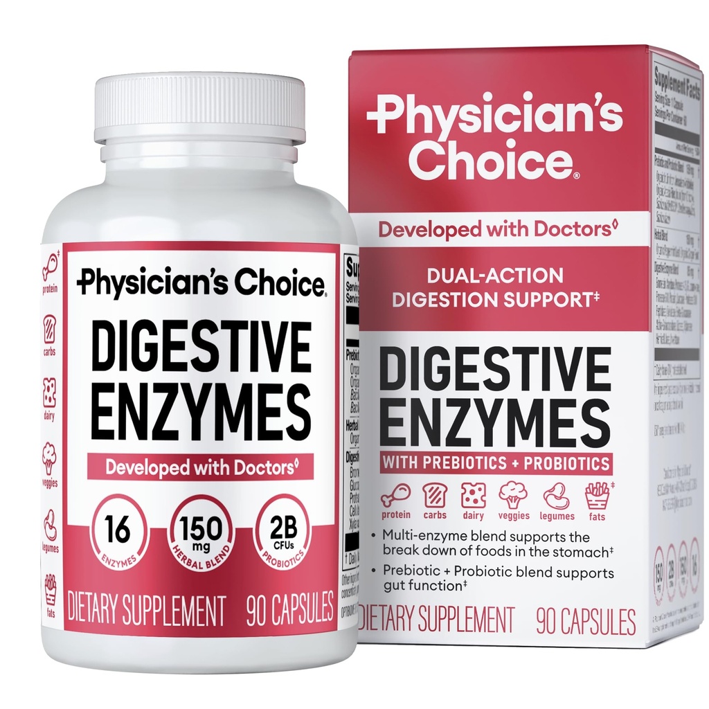 Lægens CHOICE fordøjelsesenzymer - Multi Enzymer, Organic Prebiotics & Probiotics for fordøjelsessygdomme & Gut sundhed - Meal Time discomfort Relief & Bloating - Dual Action Approach - 90 CT
