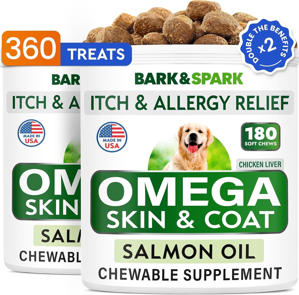 BARK & SPARK (Pack of 2 Omega 3 for hunde - 360 Fish Oil Chews for Dog Shedding, Hud Allergi, Itch Relief, Hot Spots Treatment - Joint Health - Hud & Coat Supplement - EPA & DHA Fedtsyrer