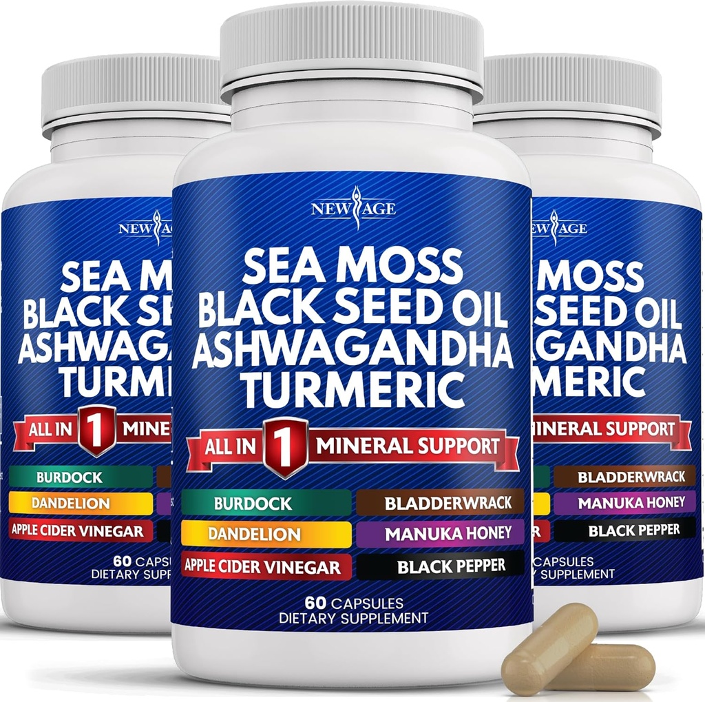 NY AGE Silica Sea Moss, Black Seed Oil, Ashwagandha, Gurkemeje, Bladderwrack, Burdock - med Manuka, Honning Mælkebøtte, ACV Black Pepper Gluten Free